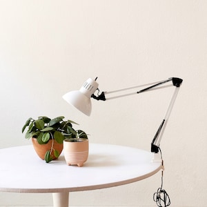 May include: A white round table with a white base, topped with two potted plants and a white desk lamp. The lamp has a black and white articulated arm and is clamped to the table's edge. The plants are in terracotta and pink pots.