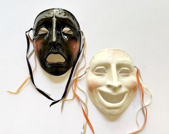 clayart hand painted venetian happy sad clown face mask sculpture | opera wall hanging mask