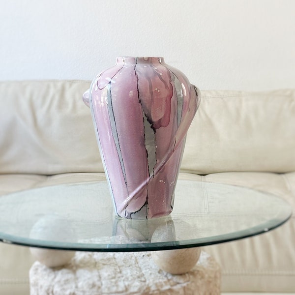 large postmodern pink purple groovy psychedelic 80s lava glazed ceramic flower vase