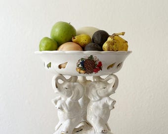 mid century large elephant pedestal fruit bowl with openwork lattice-cut basin centerpiece with painted fruit motifs