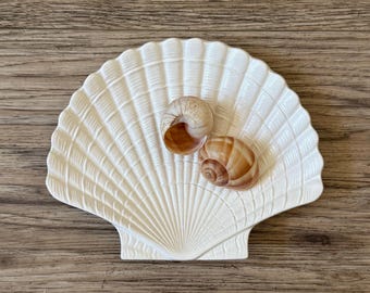 French white ceramic clam seashell serving appetizer plate | coastal home shell dish