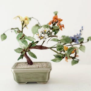 vintage jade glass bonsai tree handcrafted multicolor floral decorations: cherry blossoms in pot