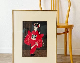 Mid-Century Modern Japanese Woodblock Print by Kaoru Kawano Dancing Figure