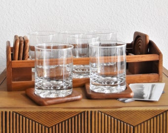 mid century modern drinking cocktail glasses with teak wood serving tray and coasters / tumbler juice glass cup set with wooden holder