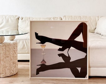 80s postmodern framed Yuri Dojc print Champagne and Legs print | wall hanging art