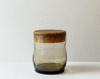 vintage Danish mid century modern smoky brown glass jar with cork topper lid