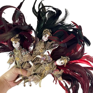 porcelain jester harlequin clown doll figurine feathered | venetian pierrot masked toy