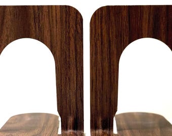 mid century retro pair of brown faux bois wood metal office bookends / set of 2