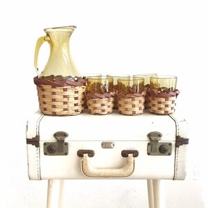 vintage wicker juice pitcher and glass set | boho drinking tumblers with inserts