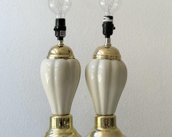 hollywood regency set of ceramic white table lamps with gold accent