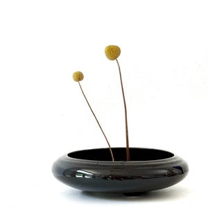 large vintage shallow black ceramic planter flower pot | orb vase