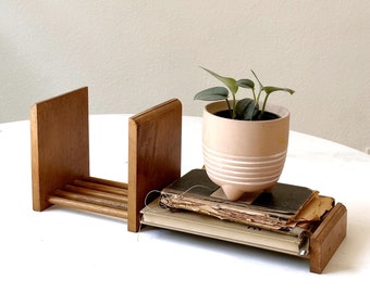 mid century modern adjustable wooden book holder | sliding office shelf organizer