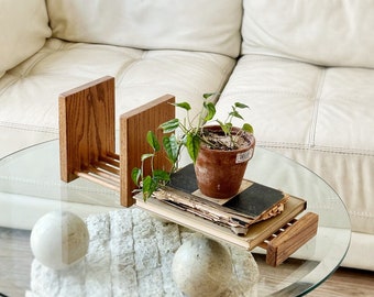 mid century modern adjustable wooden book holder | sliding office shelf organizer
