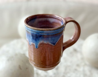 hand thrown drip glazed blue brown studio pottery stoneware coffee mug