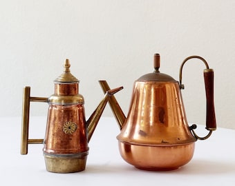 mid century modern copper teapot with wood handle | brass water pots