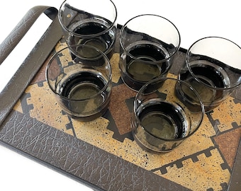 western mid century modern leather grip drinking cocktail glasses with wood serving tray
