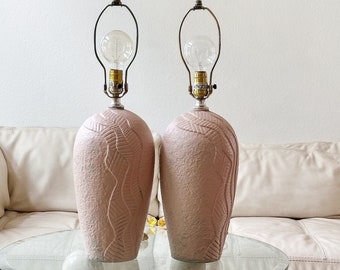 1980s post modern dry clay pink table lamps | matching floral set of 2