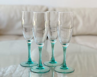 set of 4 teal green glass stemware champagne flute glasses / teal colored gift barware