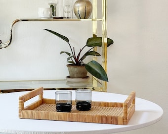 rectangular woven rattan bamboo wood serving tray with handles | breakfast drink tray