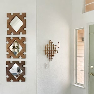 diamond shaped solid wood wall hanging mirror | 1970s carved rustic farmhouse decor
