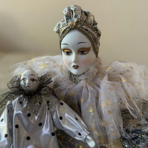 porcelain harlequin clown doll figurine | venetian pierrot masked toy in box