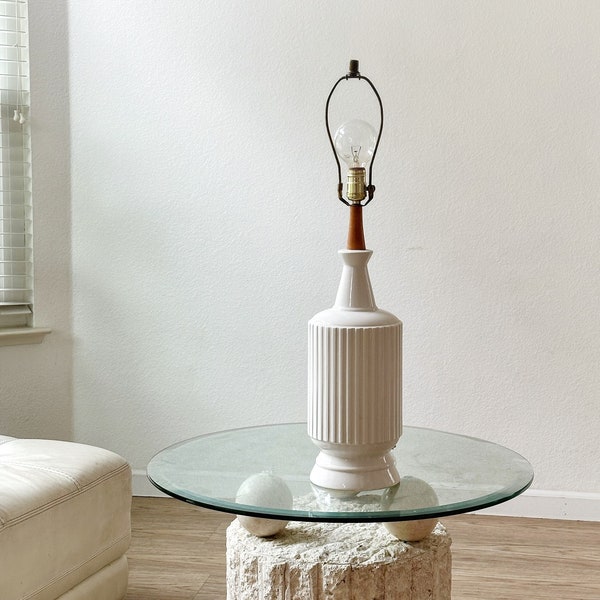 tall white tubular mid century modern ceramic table lamp