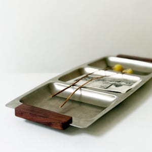 mid century modern stainless steel metal serving tray with wood handles | mcm home decor