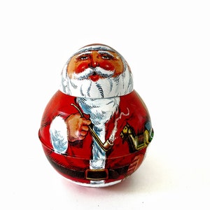 1980s vintage red santa claus metal tin gift box | cookie treat jar