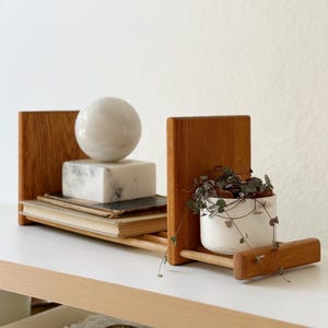 mid century modern adjustable wooden book holder | sliding office shelf organizer