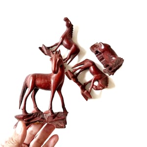 miniature chinese dynasty carved wood mustang horse figurine set