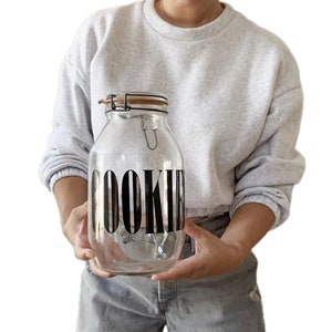 large 1970s kitchen glass cookie canister jar with wire bale | typography label