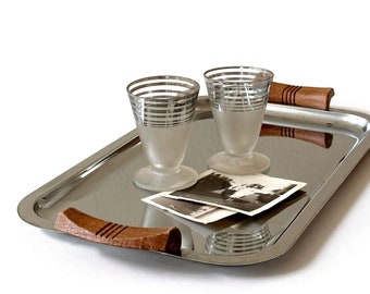 mid century modern stainless steel metal serving tray with wood handles | mcm home decor