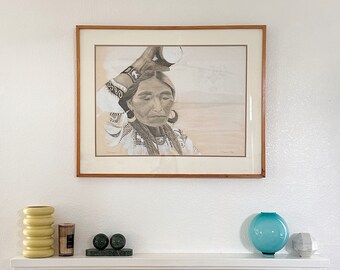 framed original spanish curandera woman pencil drawing | folk witch doctor