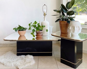 set of black and gold Art Deco glass coffee table and side table | hollywood regency home decor