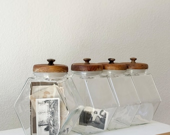 vintage glass canister candy jar with wood tops | kitchen canisters