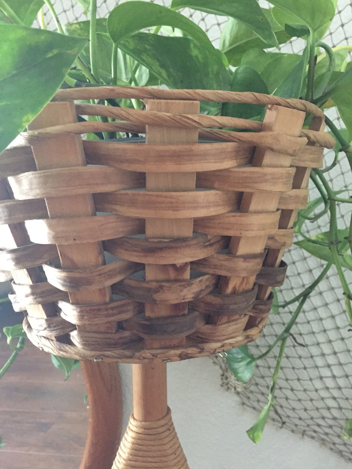 mid century modern wooden basket tripod plant stand