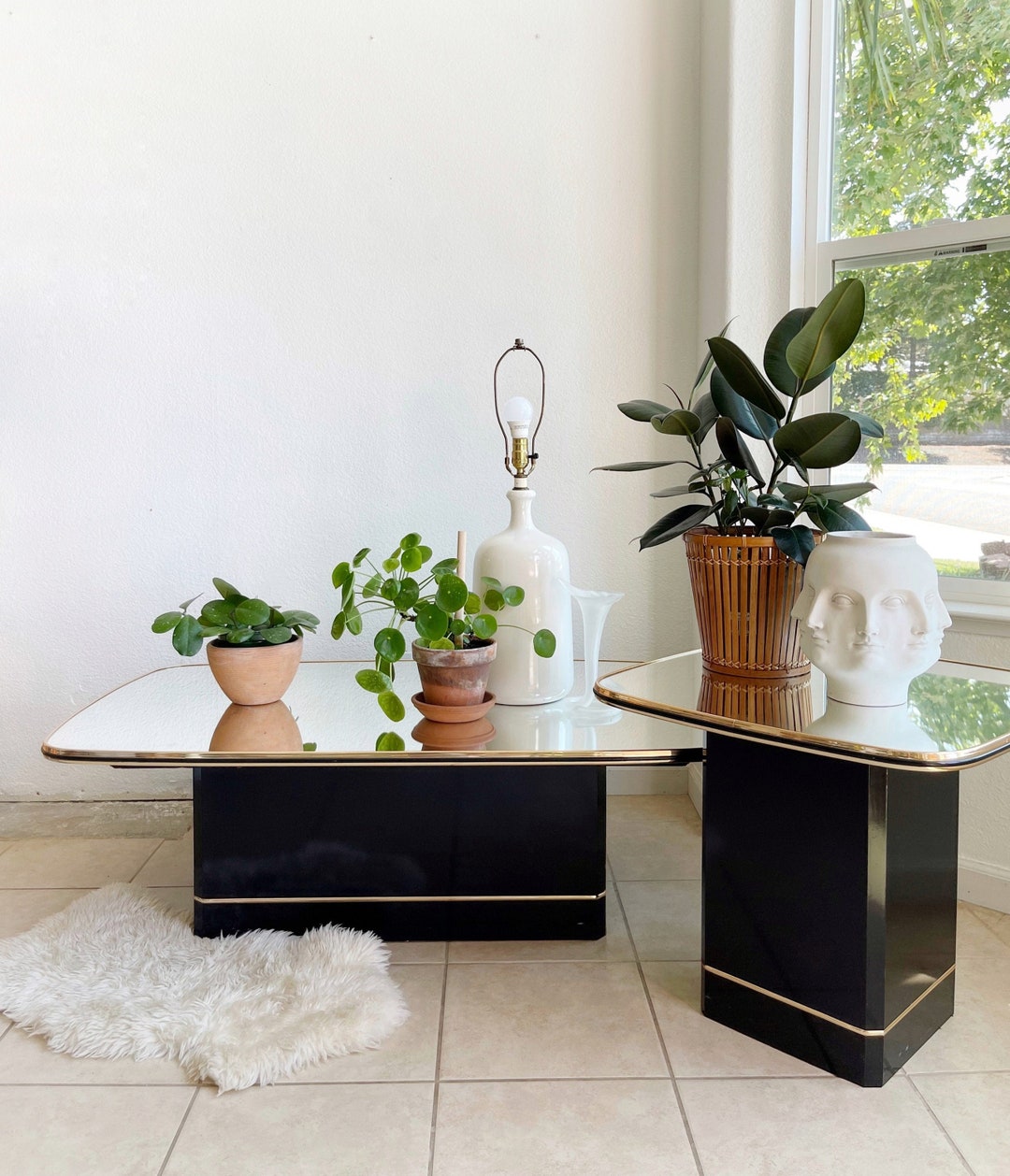 Set of Black and Gold Art Deco Glass Coffee Table and Side Table