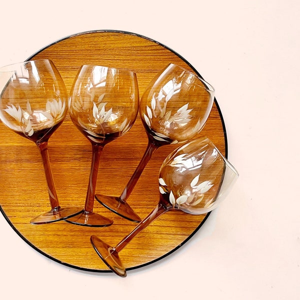 hand painted flower smokey brown wine glass set | floral design cocktail housewarming gift