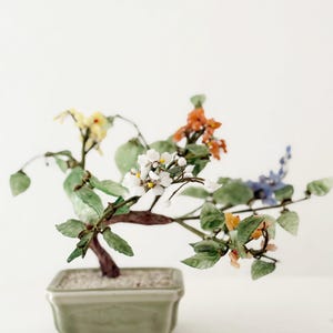 vintage jade glass bonsai tree handcrafted multicolor floral decorations: cherry blossoms in pot