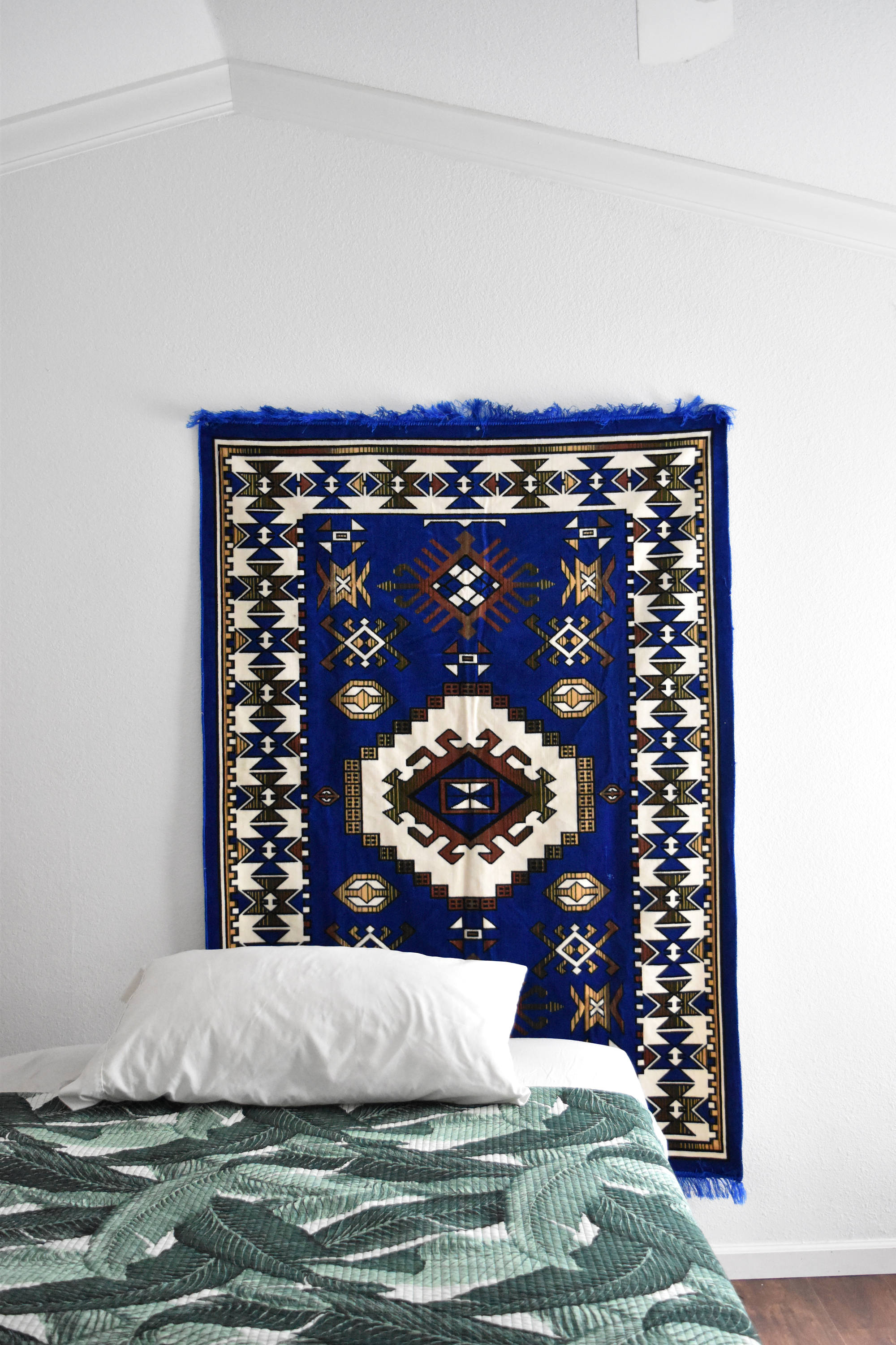 vintage large navy blue afghan fringe rug wall tapestry ...