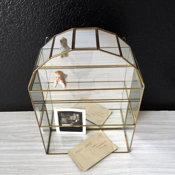 large geometric glass brass mirror curio cabinet / trinket display box / wall hanging