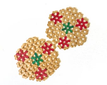 vintage geometric beaded bamboo wood trivets or hot pads coaster set