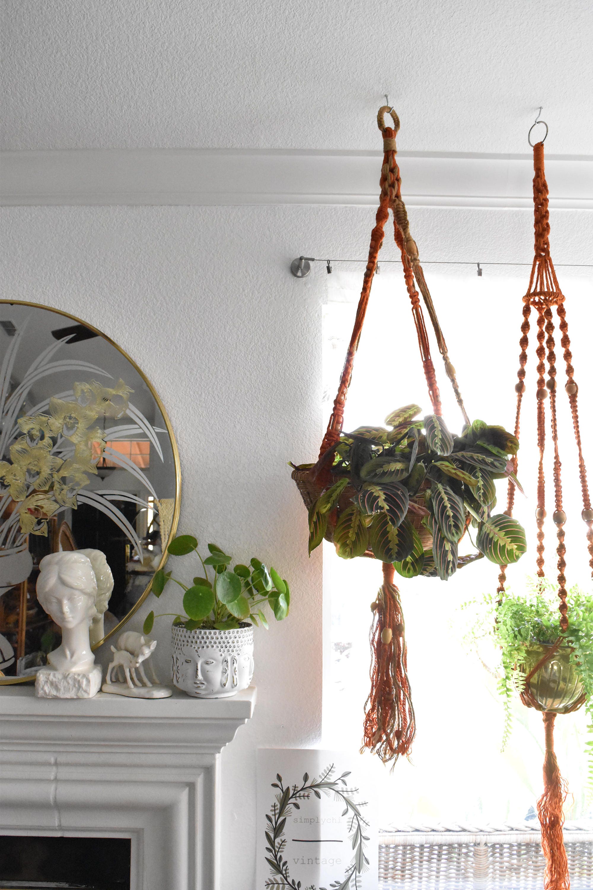 64 vintage beaded orange jute macrame planter hanger