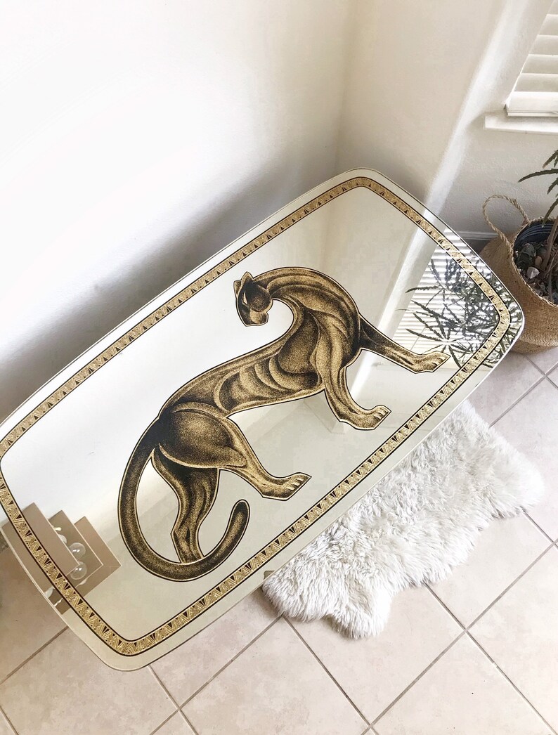 Black and Gold Art Deco Etched Glass Panther Coffee Table Etsy