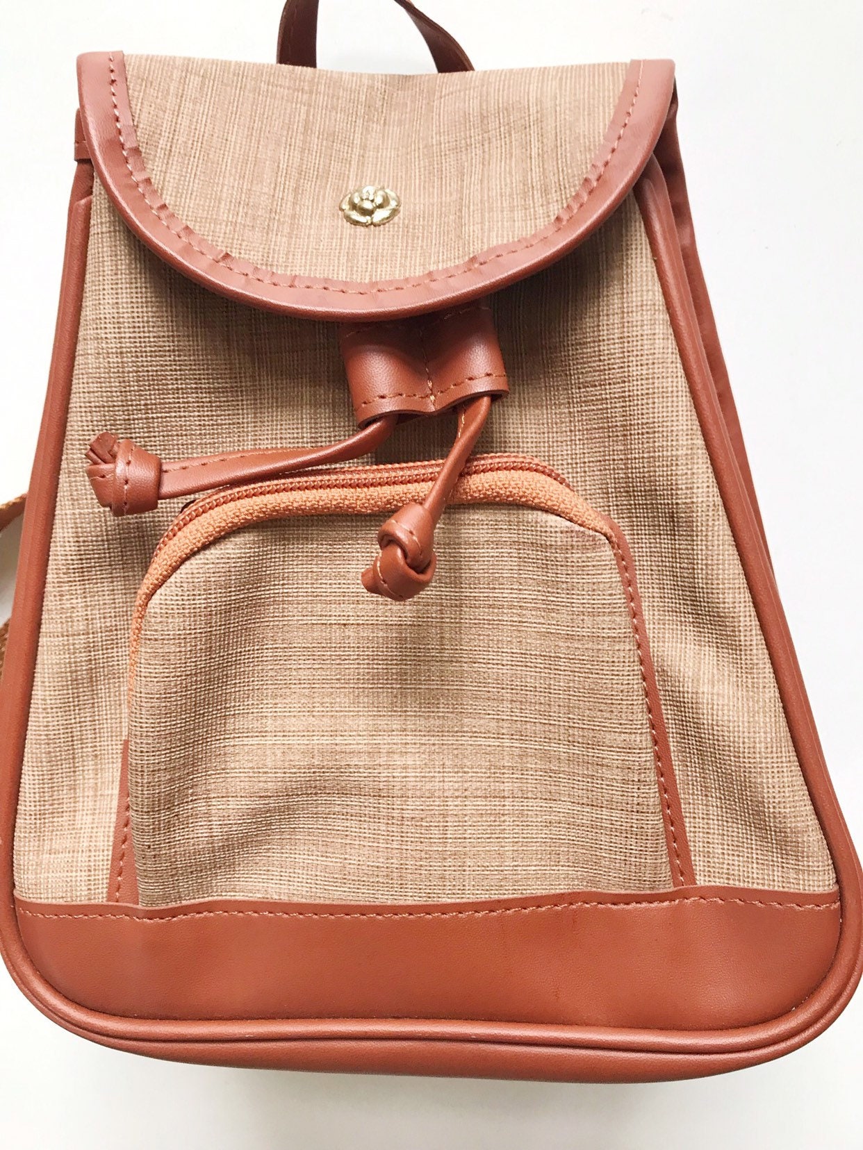vintage brown vinyl faux leather small backpack purse / boho mini travel bag