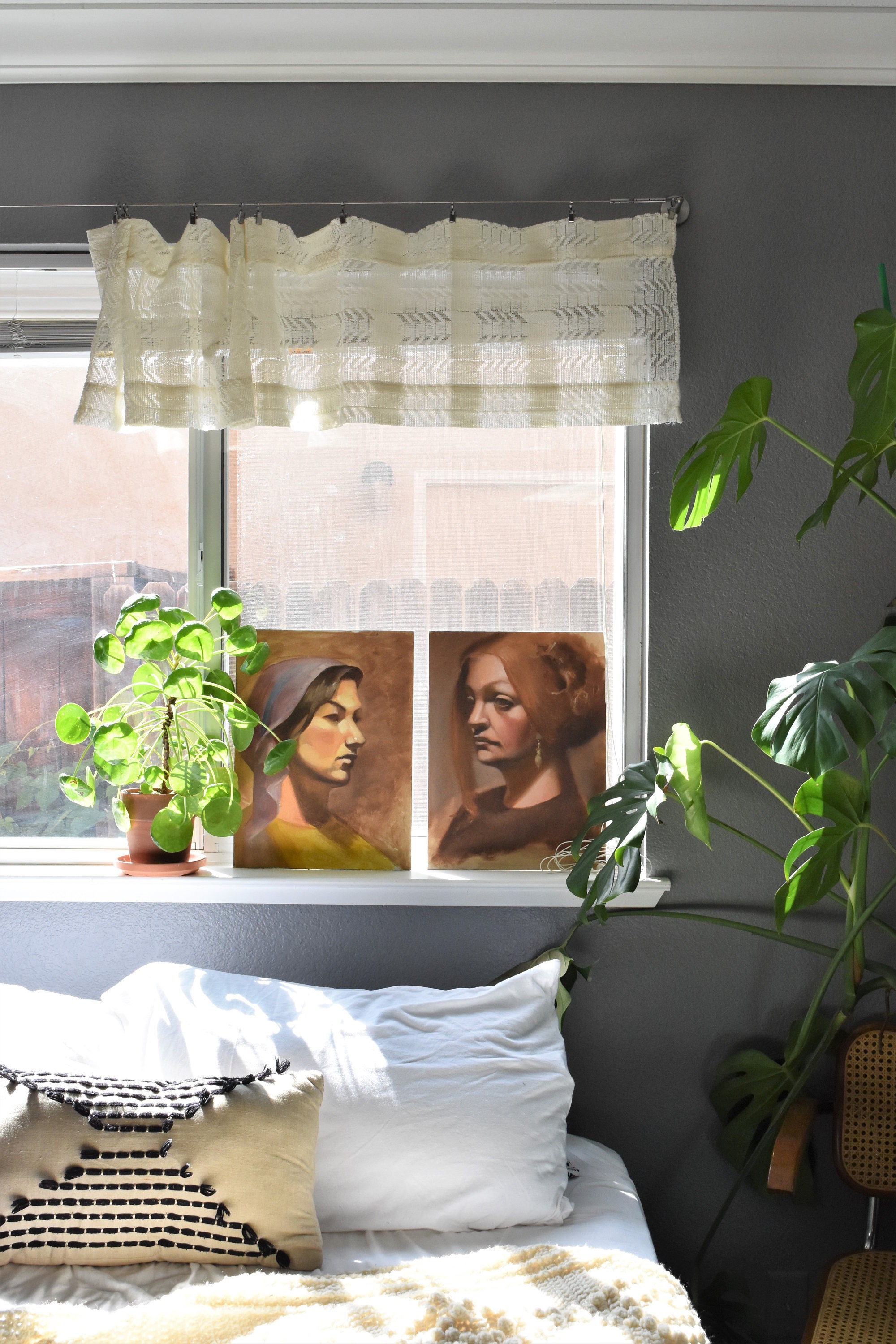 Boho Sheer Striped Short White Lace Valance Window Curtain Panel