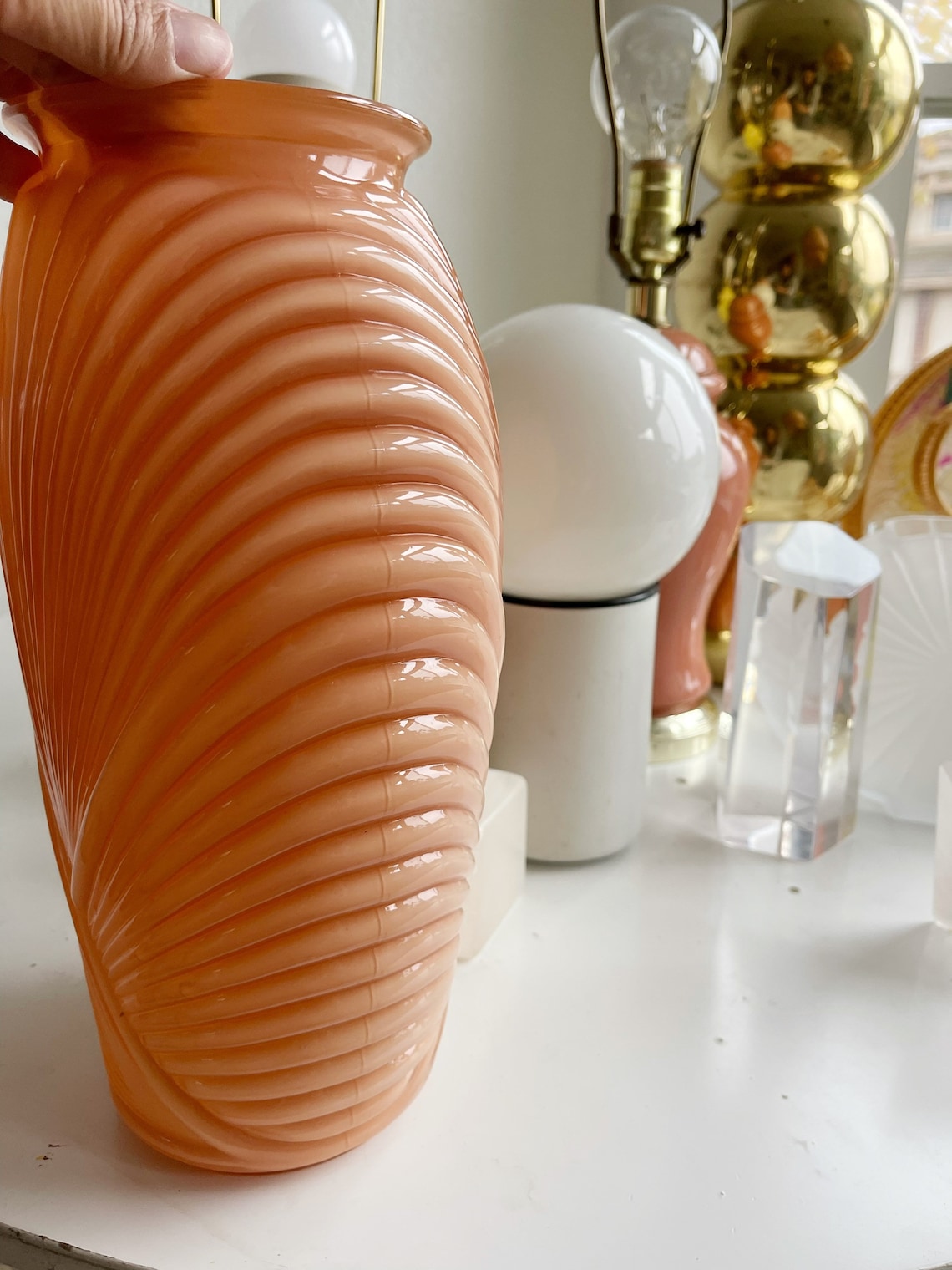 Large Vintage Peach 1980s Art Deco Glass Flower Vase Shell - Etsy