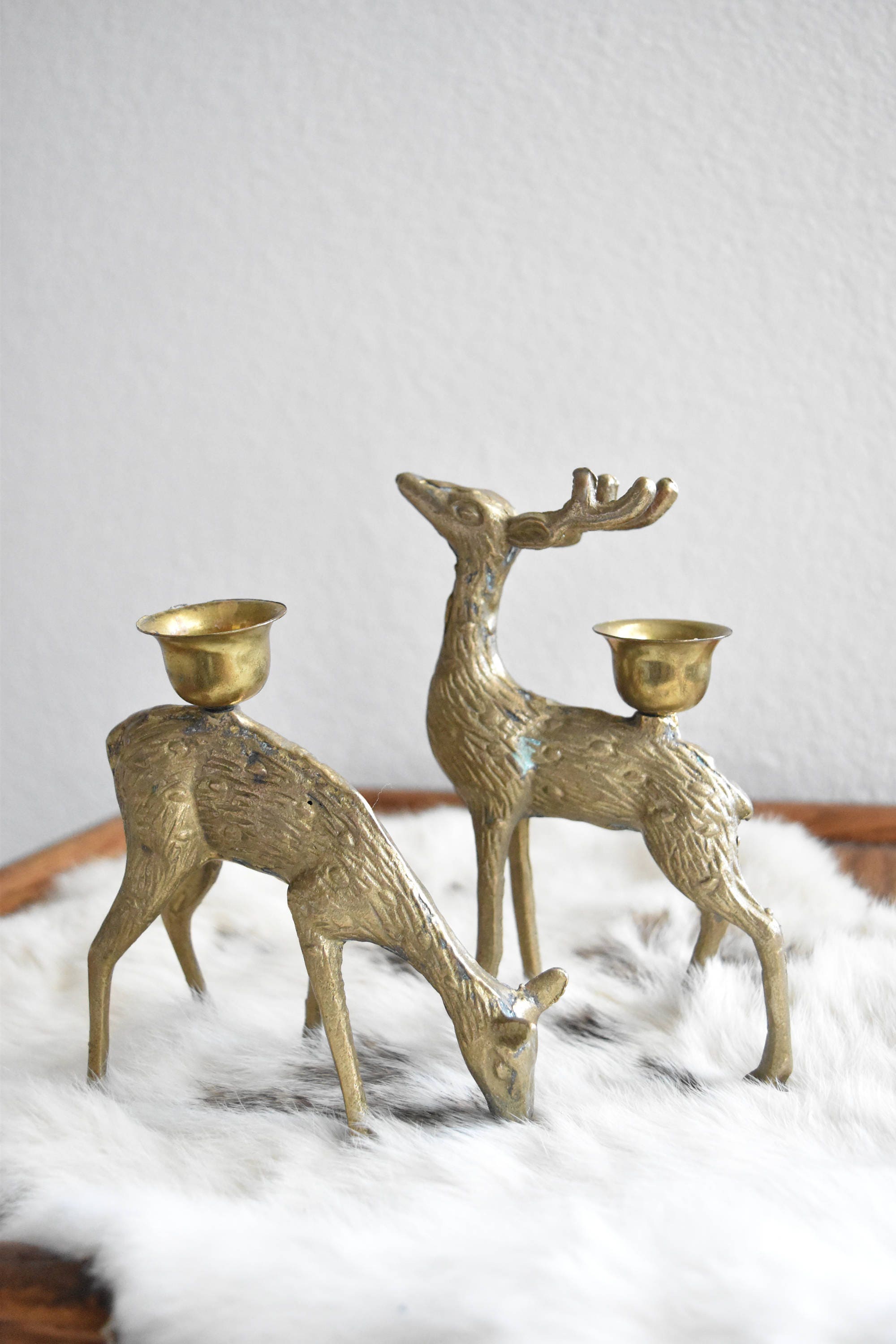 reindeer brass candle holders pair deer candlesticks box simplychivintage