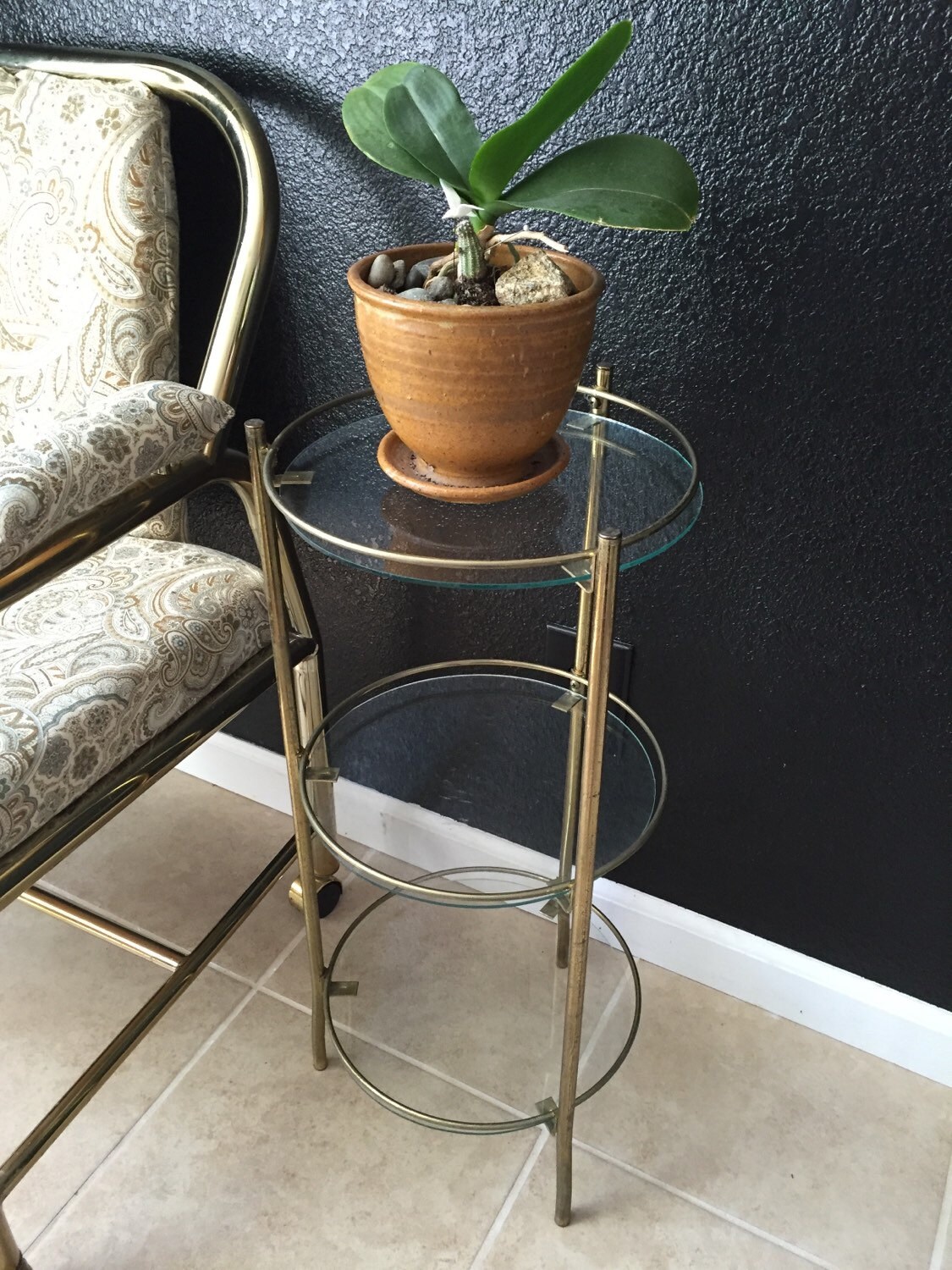 mid century modern round gold metal tiered plant stand