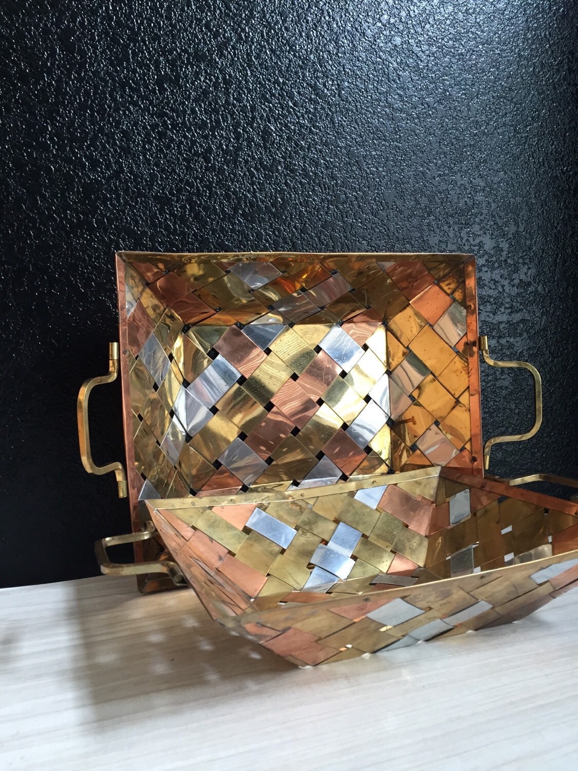 large gorgeous woven copper brass silver metal basket tray ...
